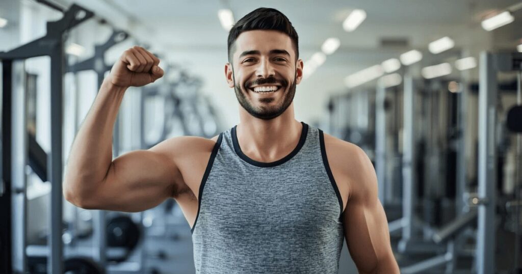 筋トレを終えてガッツポーズをしている男性。目標達成の達成感を表現したイメージ