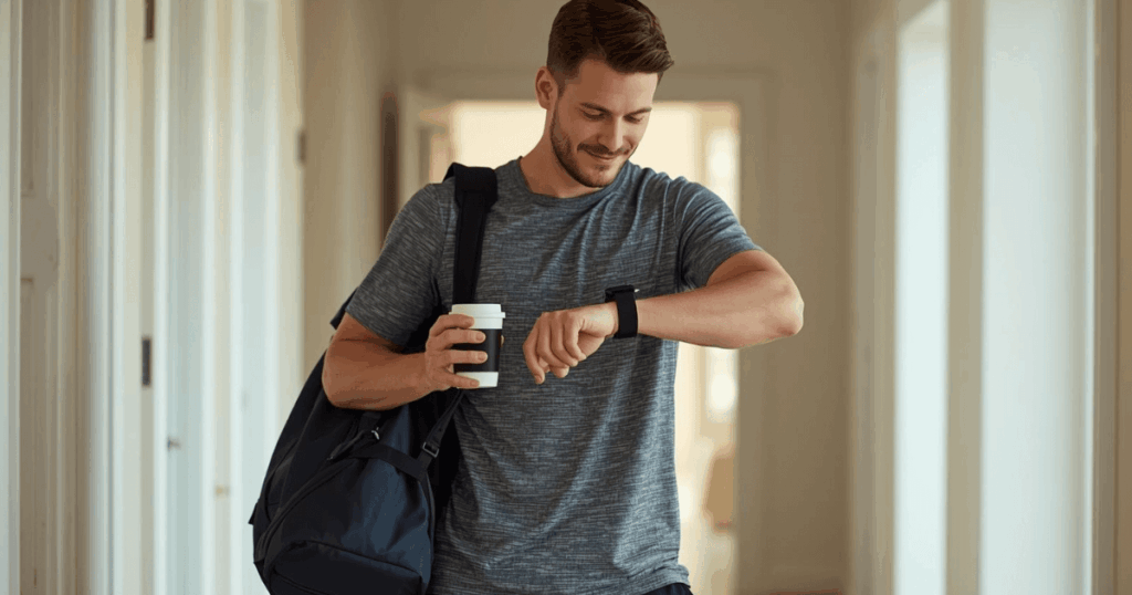 筋トレ前にコーヒーを飲んでいる男性。時計を見ながらタイミングを確認している様子