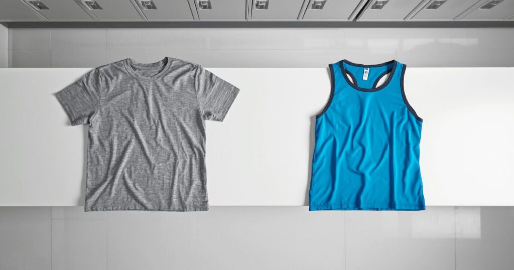 筋トレ専用ウェアと普通のTシャツを比較しているイメージ