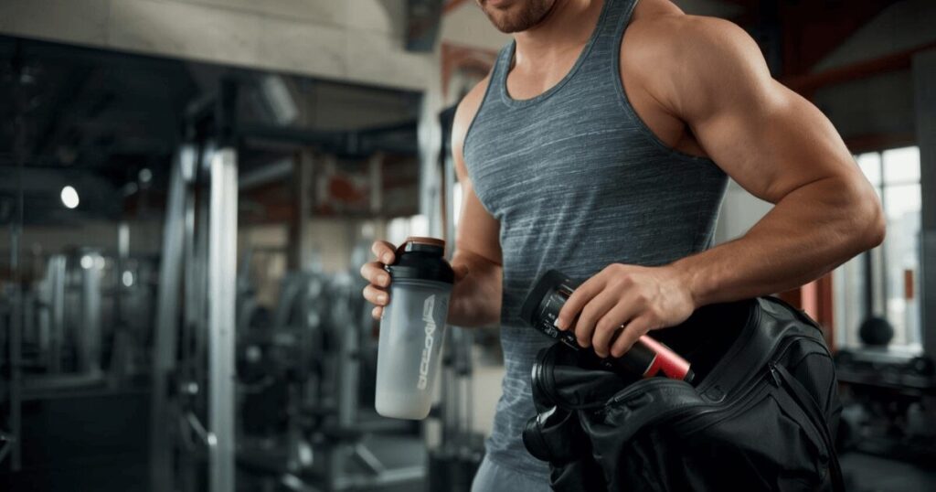 筋トレ後にサプリとプロテインを準備している男性のイメージ画像