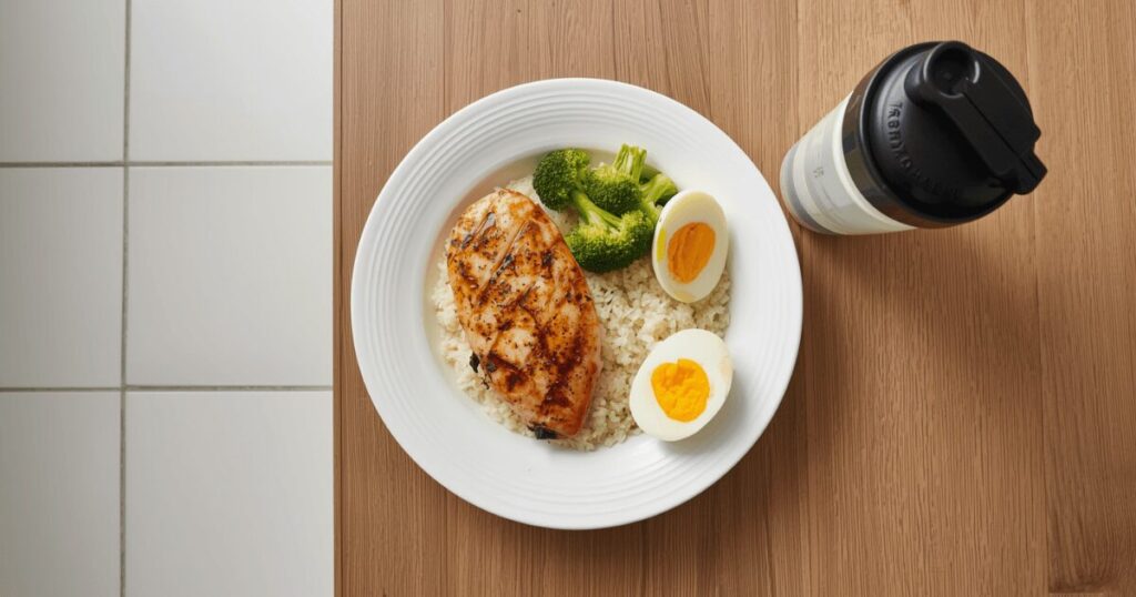 筋トレ後の食事イメージ（高タンパク食・プロテインシェイカーと鶏肉・ブロッコリー）