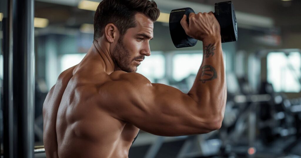 筋肉の成長と回復をイメージした、トレーニング中の男性の力強い上半身の写真