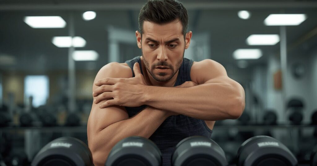 筋肉痛で腕を押さえながら悩む男性のイメージ