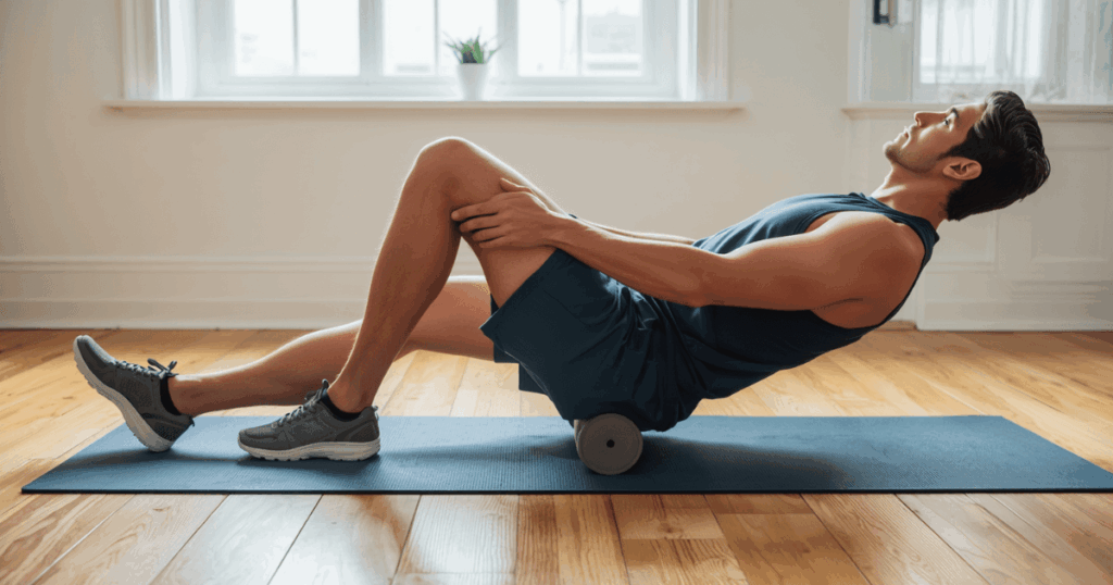筋肉痛回復のためにフォームローラーでマッサージする男性のイメージ