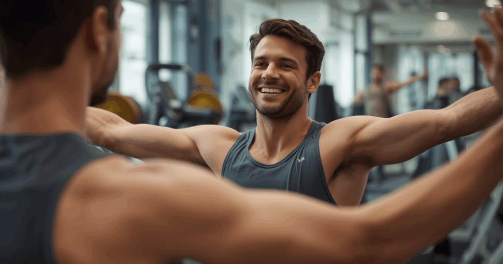 継続的な筋トレで引き締まった体を持つ男性がジムで達成感を感じているイメージ