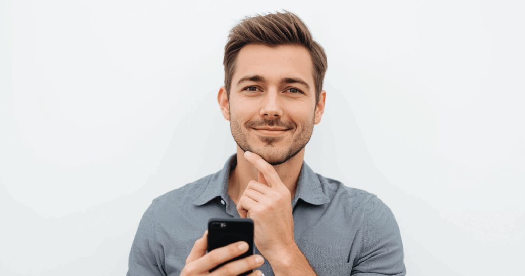 考え込んでいる男性とQ&Aのイメージ、明るい背景の写真