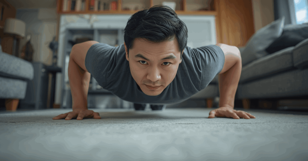 腕立て伏せの回数とセット数を考えながらトレーニングする男性