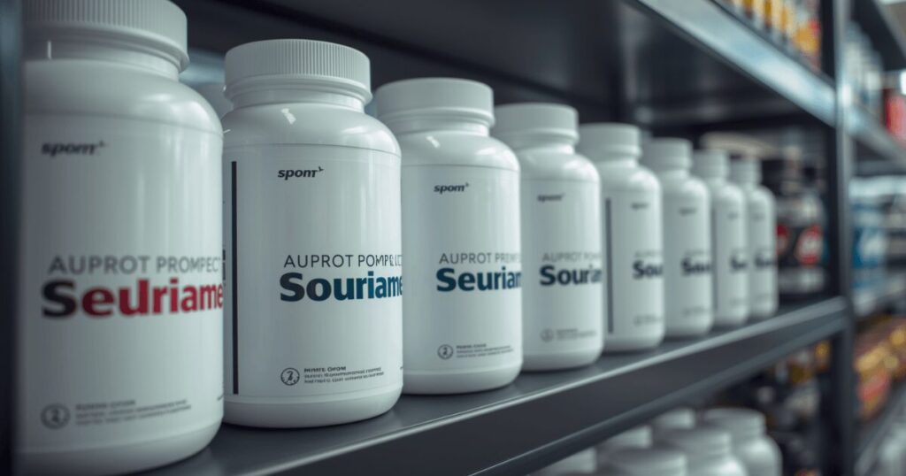 複数のサプリメントボトルが棚に並んでいる、スポーツ用品店のような明るい写真