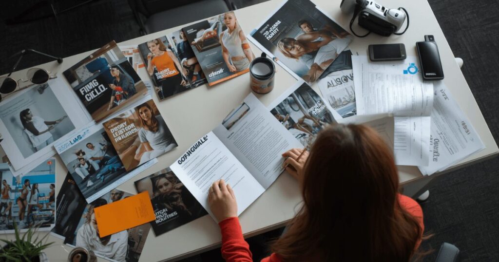 複数のパーソナルジムのパンフレットを並べて比較検討している初心者の様子