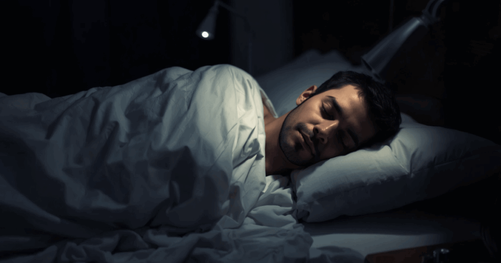 質の良い睡眠をとる男性（暗い寝室でぐっすり眠っているイメージ・筋肉回復）