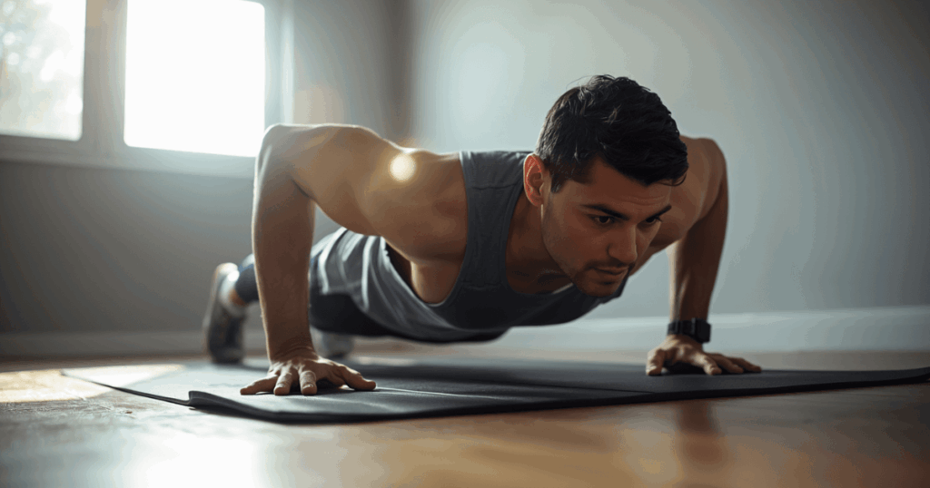 週3〜4回の腕立て伏せプログラムに取り組む男性の自宅トレーニング