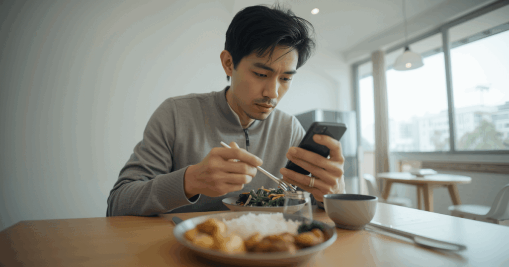   食事管理をしているトレーニー。スマートフォンでカロリー記録をしている写真