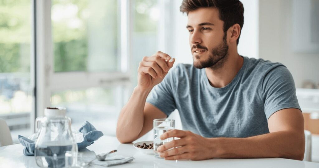 食後にサプリメントと水を飲んでいる男性のイメージ画像