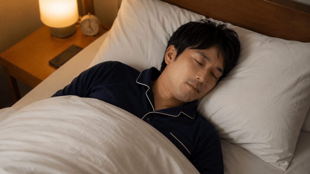 ぐっすり眠る男性とリラックスした寝室のイメージ