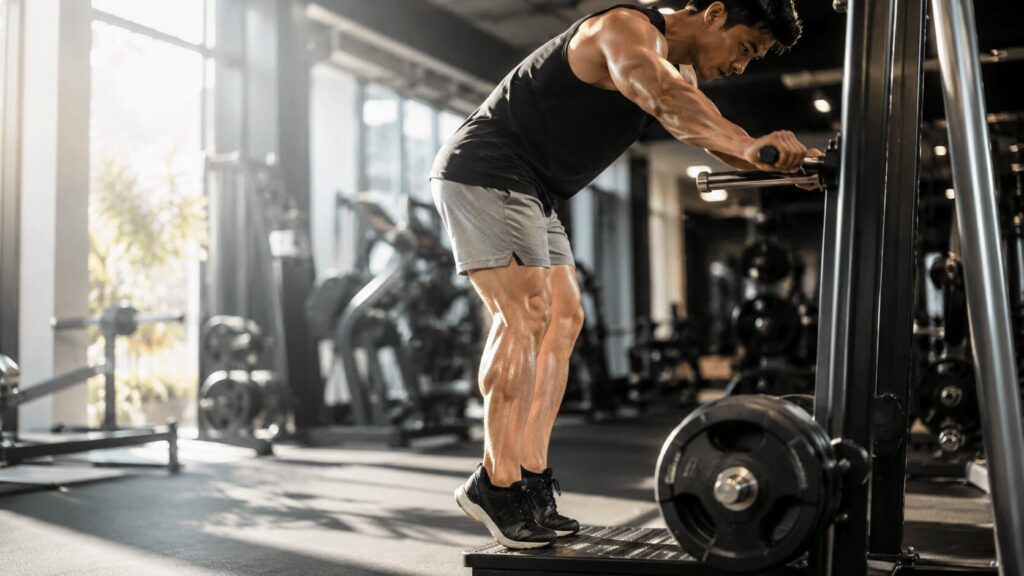 ジムでふくらはぎのトレーニングに取り組む30代男性のイメージ