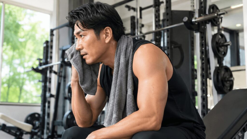 ジムでセット間に休憩を取りながらタオルで汗を拭く男性