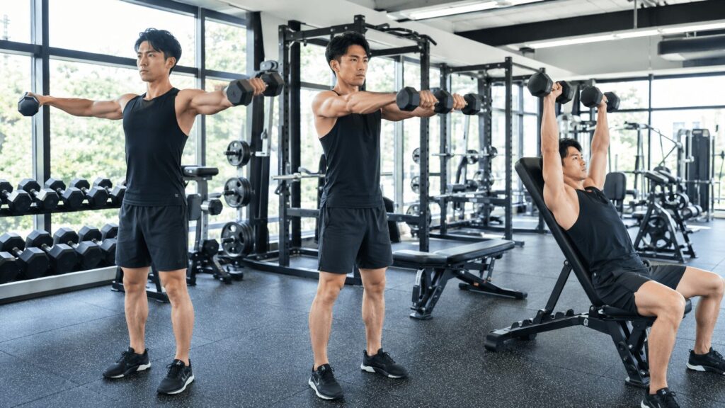 ジムでダンベルを使い肩のトレーニングに取り組む男性