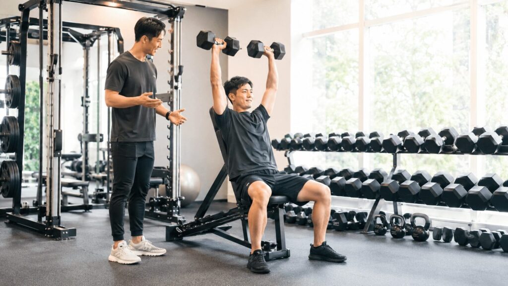 ジムでトレーナーが男性のショルダープレスのフォームをチェックしている様子