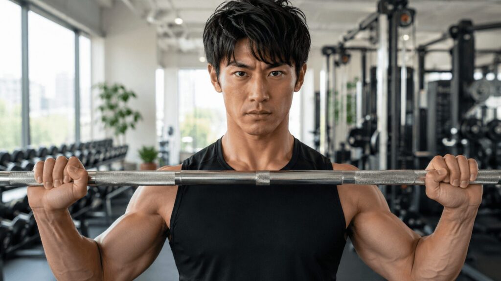 ジムでバーベルを構える30代男性とテストステロンのイメージ