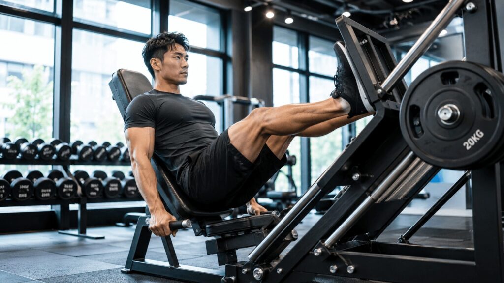 ジムでレッグプレスマシンに座り足をプレートに乗せてトレーニングする男性