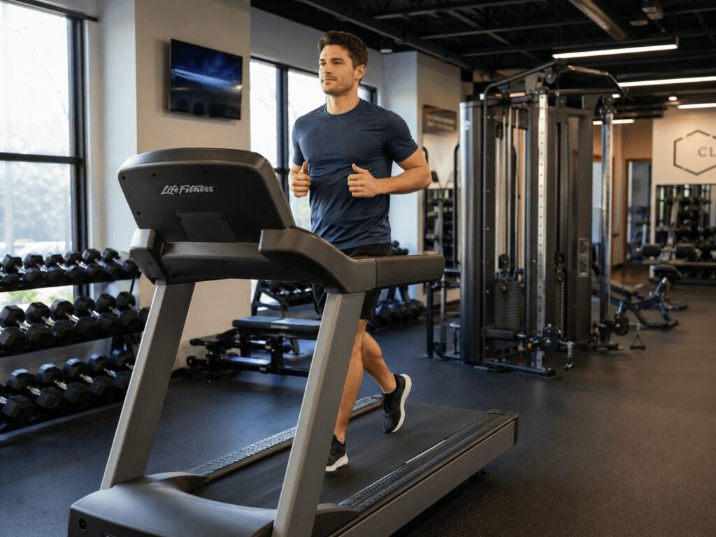 ジムのトレーニングフローを示すウォームアップからクールダウンまでの流れ