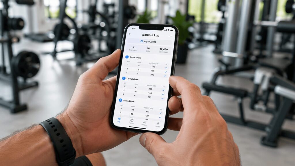 ジムのトレーニングメニューをスマートフォンのアプリで確認しながら計画を立てている手元