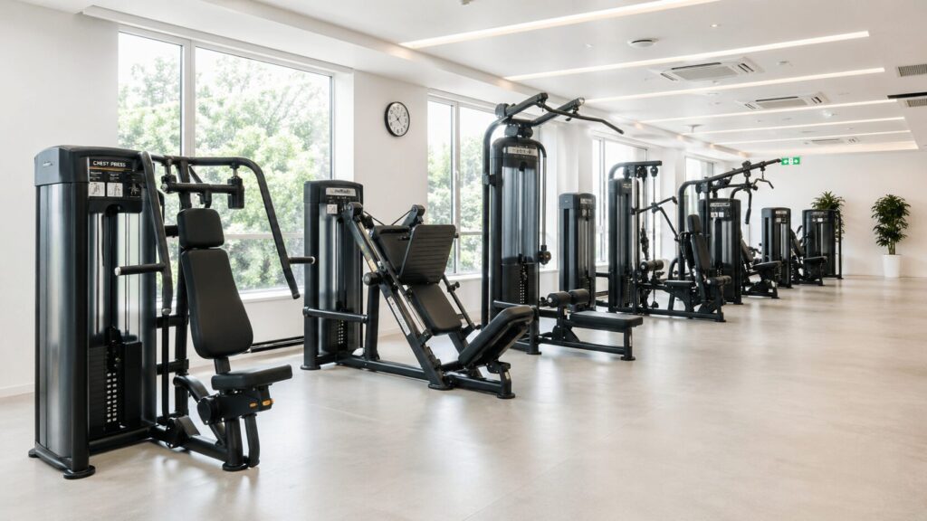 ジムのマシンエリアに並ぶチェストプレスやラットプルダウンなど各種トレーニングマシンの全景