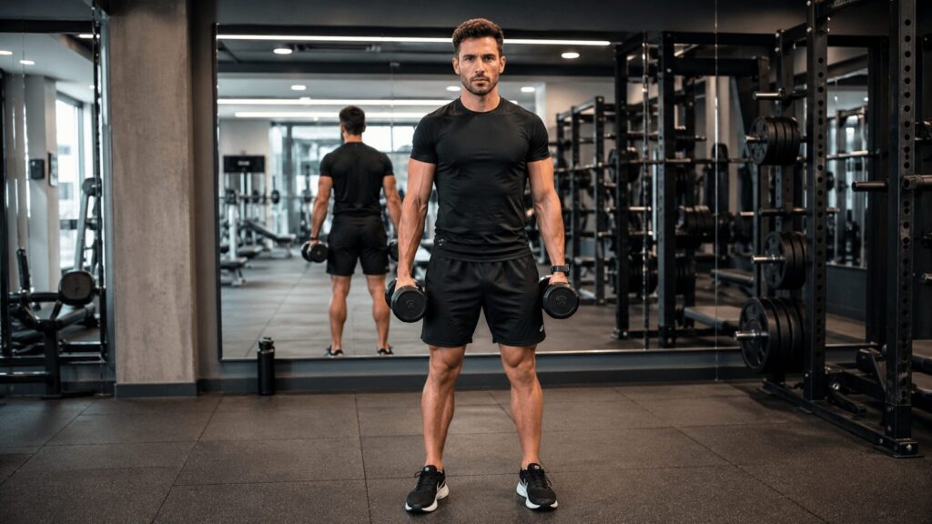 ジムのミラーの前で正しいフォームを確認しながらトレーニングする30代男性の全身ショット