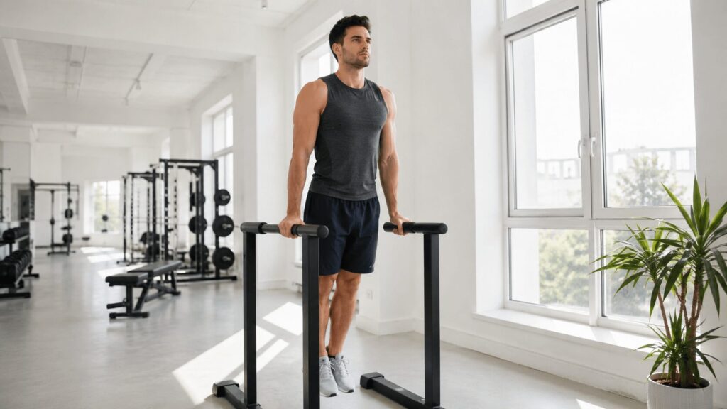 ディップスのスタートポジションで体を支える男性