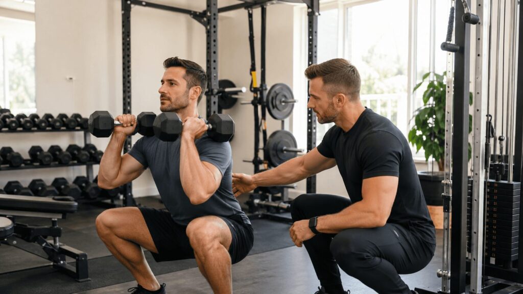 パーソナルトレーナーの指導を受けながら脚のトレーニングをする男性のイメージ