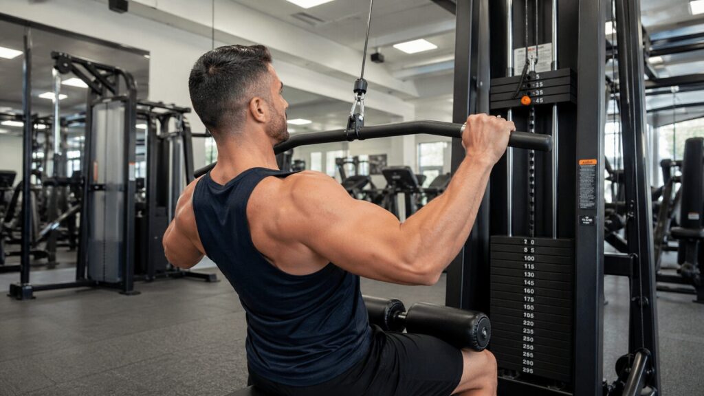 ラットプルダウンマシンでバーを胸元に引き下げている男性の後ろ姿ショット