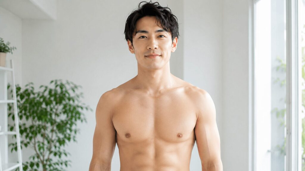 体脂肪を落とした引き締まった男性の体と体組成計のイメージ