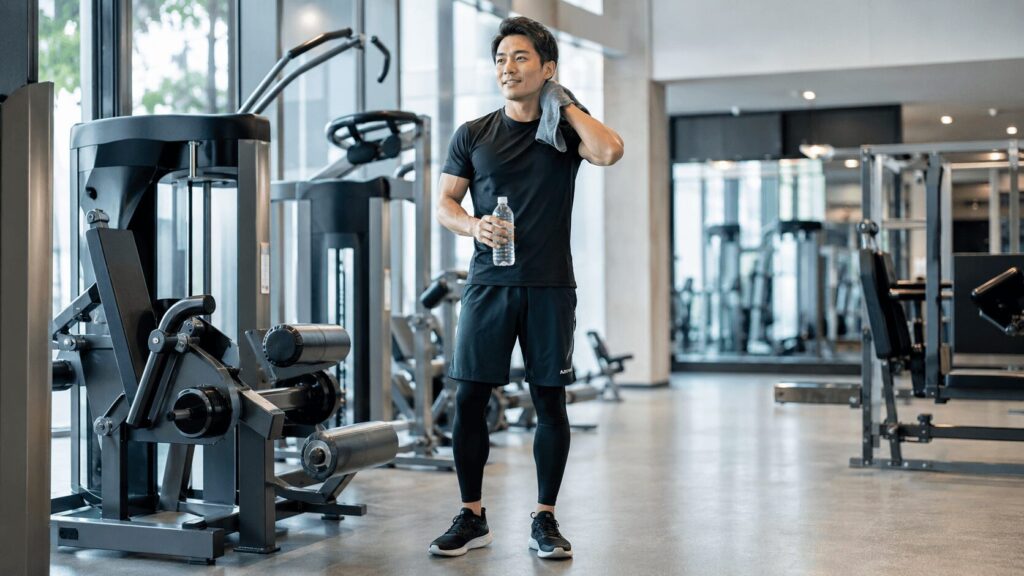 明るいジムで下半身トレーニングに取り組む30代男性