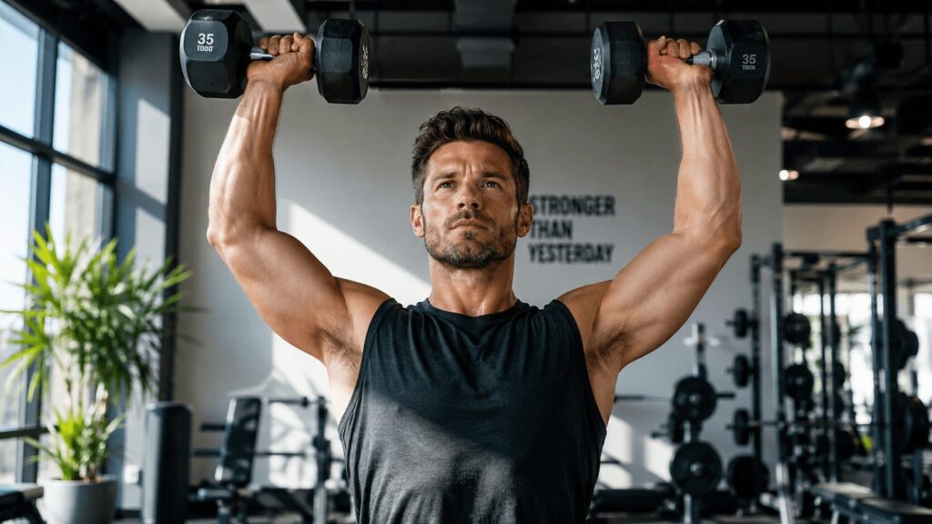 正しいフォームでダンベルを頭上に押し上げる男性のトレーニング姿