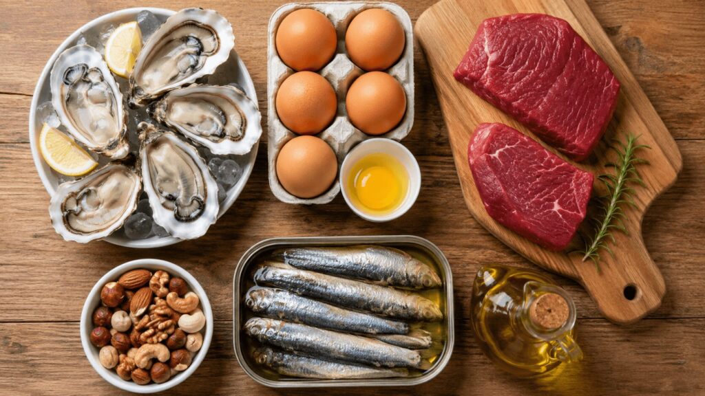 牡蠣・卵・赤身肉・ナッツ・青魚などテストステロンを高める食材を並べた俯瞰写真