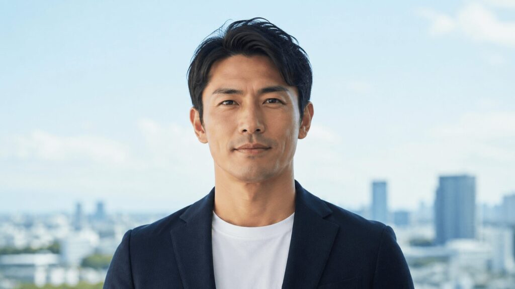 自信に満ちた表情で前を向く引き締まった体の男性