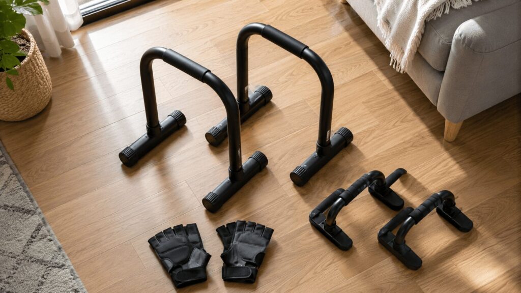 自宅に設置されたディップススタンドとトレーニング器具