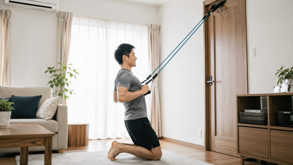 自宅のドア上にトレーニングチューブを固定してチューブラットプルダウンを行う男性