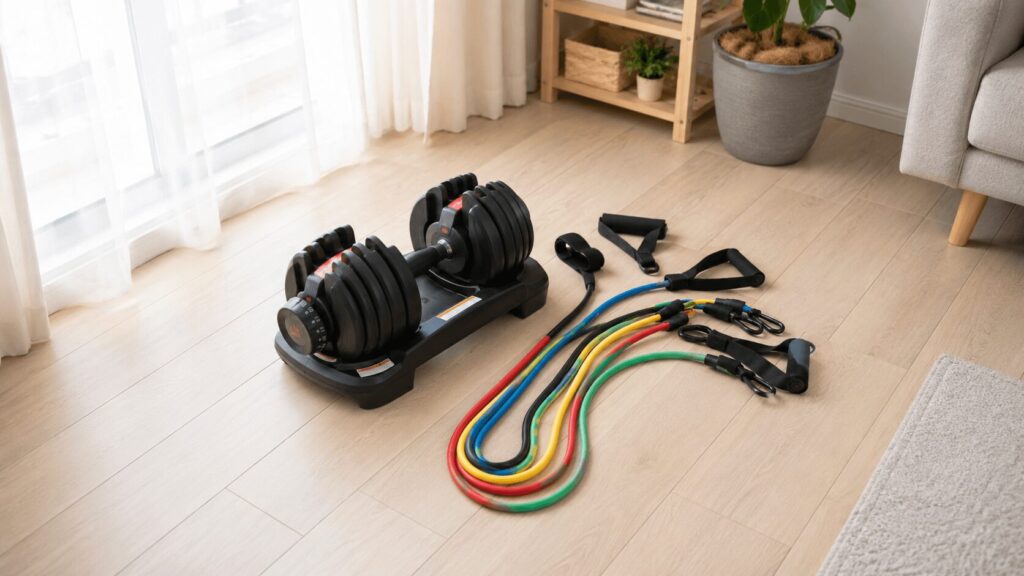 自宅の明るい部屋に置かれた可変式ダンベルとトレーニングチューブ