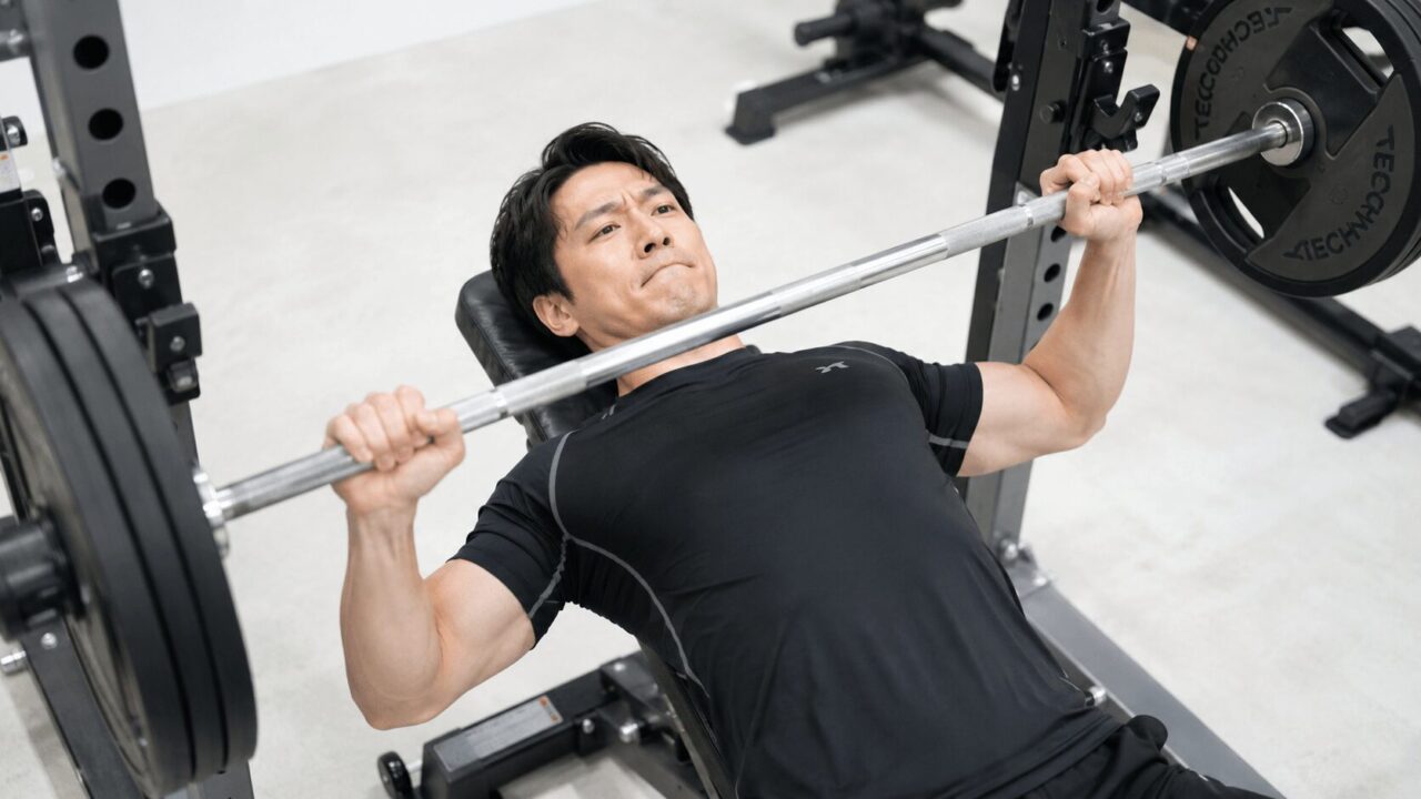 ベンチプレスの停滞を突破する方法｜バーベルを構える男性のジムシーン