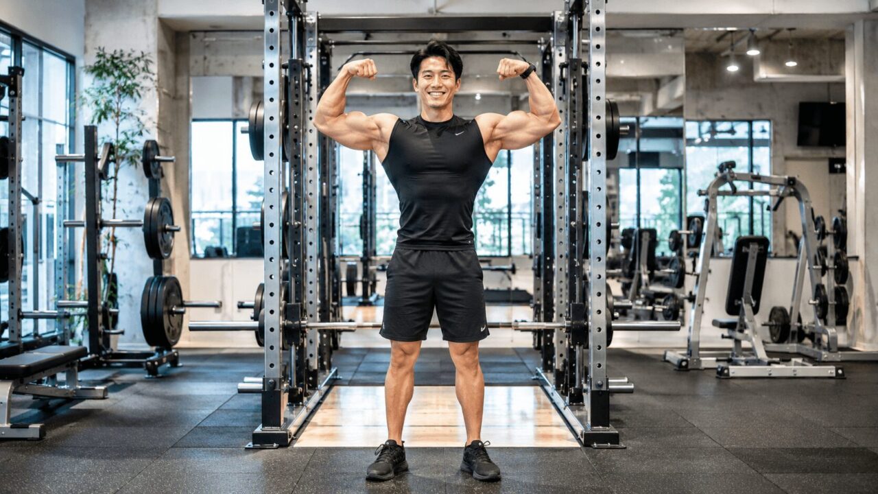 筋肥大の仕組みを理解して変わった｜ジムで達成感の表情を見せる30代男性