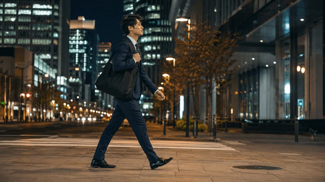 仕事後の筋トレに向かう夜の街を歩くビジネスマン