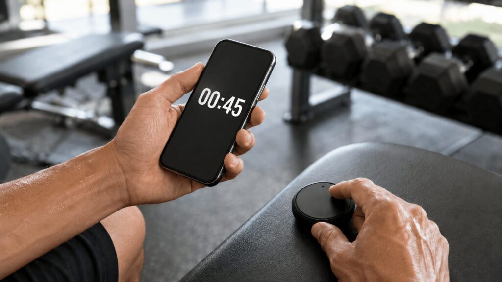 インターバル中にスマホのタイマーで休憩時間を管理する手元
