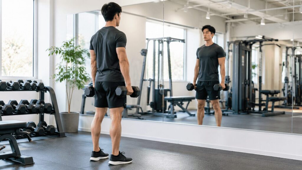 ジムでフォームを確認しながらトレーニングする男性。分割へ移行する判断のイメージ