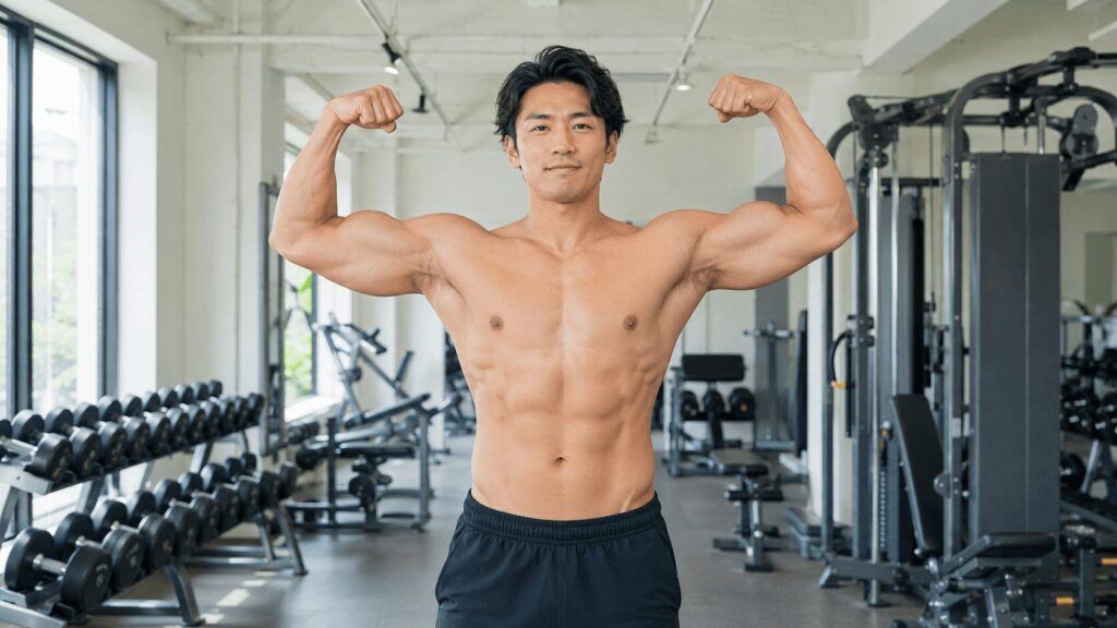 ジムで上腕の筋肉にポーズをとって収縮を確認する男性