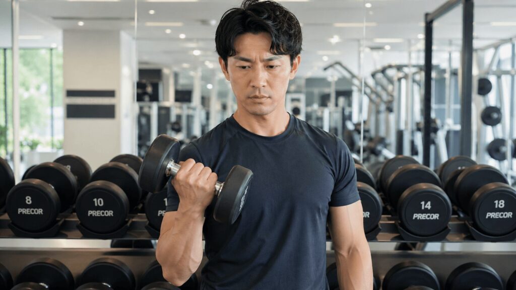 ダンベルを手に取りながら重量選びに悩んでいる男性のジムでの様子