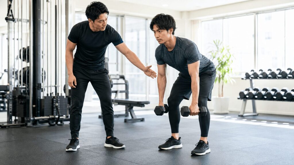 パーソナルトレーナーが男性のフォームを指導しているジムのイメージ