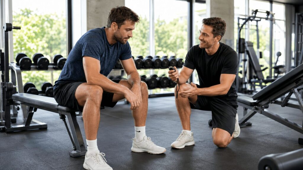 パーソナルトレーナーの指導のもとインターバルを管理しながらトレーニングする男性