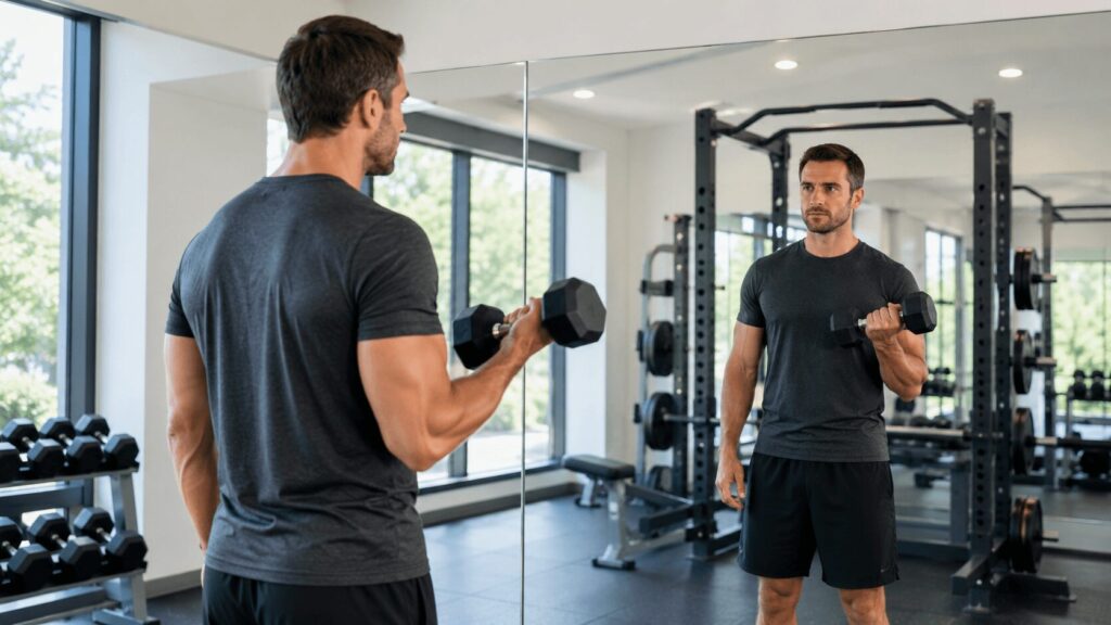 フォームを確認しながらトレーニングの原因をチェックする男性