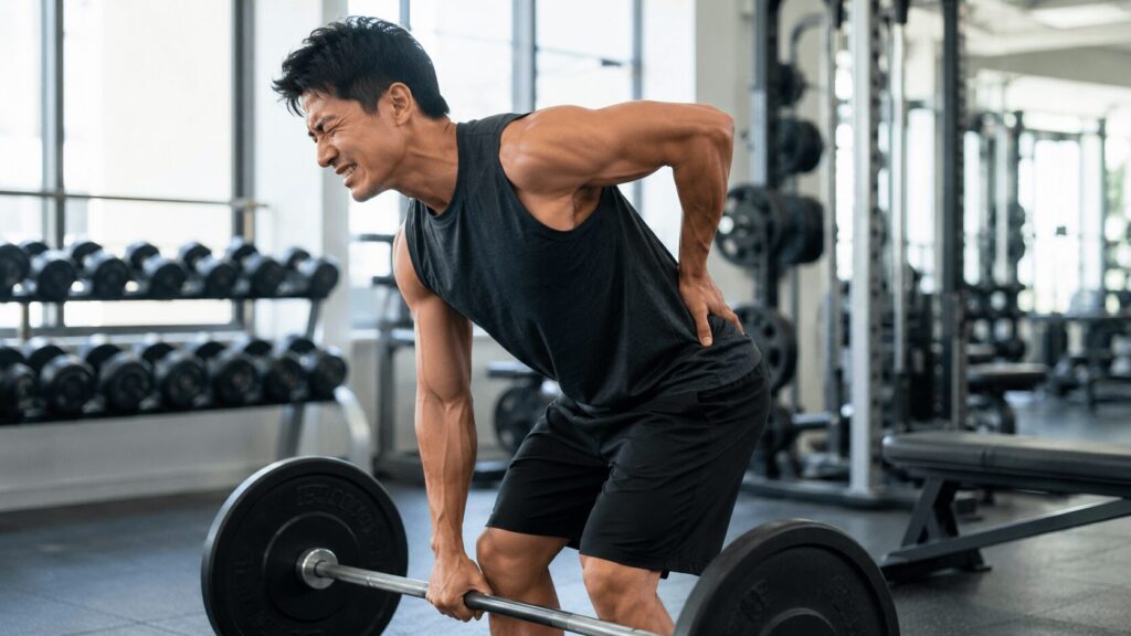 ブランク明けに無理な重量で腰を痛めそうになる男性のイメージ
